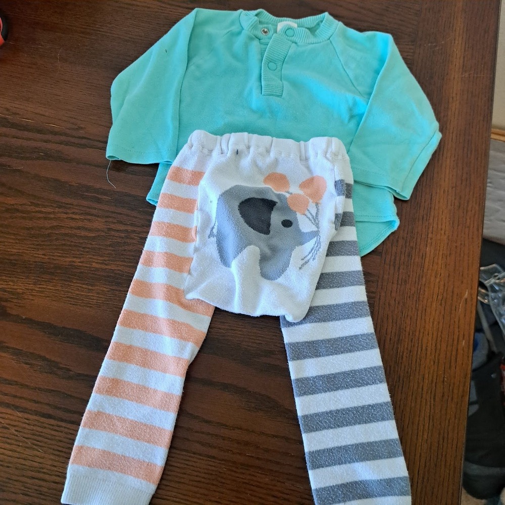 Doodle Pants Elephant Leggings & Baby Oneita Vintage Teal Henley Set 18 Months